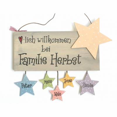Personalisiertes Haustürschild Familie aus Holz mit Sternanhänger – individuelles Willkommensschild wetterfest & handgemacht, modernes Holzschild, dekoratives Türschild mit Name