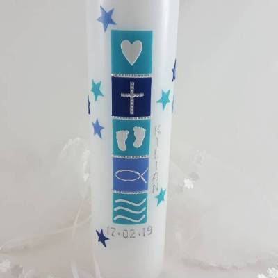 Taufkerze Junge türkis, blau, inkl. Beschriftung, 25 x 7 cm