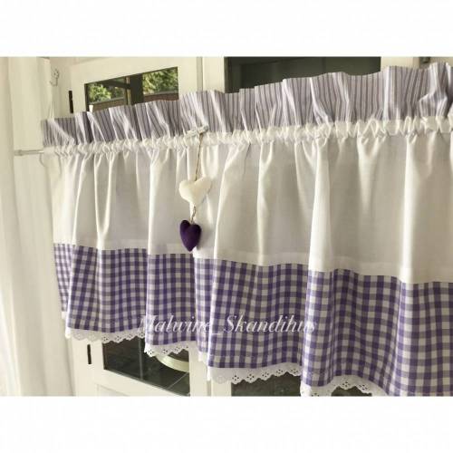 Landhausgardine in Lavendel,Lila Karo, mit weiße Spitze