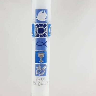 Kommunionkerze blau , Kreuz , modern , mit Kelch