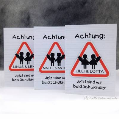 Einladungskarte Einschulung Schulanfang "Achtung" für Zwillinge – Handgemacht 