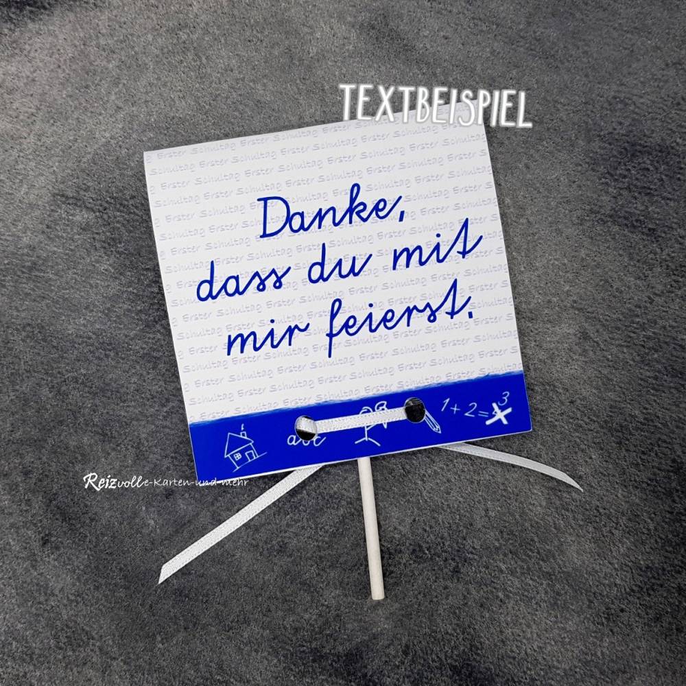 Tischkarte / Gastgeschenk Einschulung Herz-Lolli mit Namen in blau Bild 3