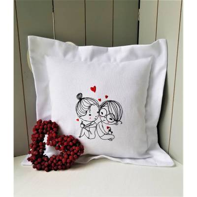Kissen Freundschaft Paare Liebe Kaffee trinken GESTICKT 30 x 30cm. komplett mit Füllung. Hochzeit
