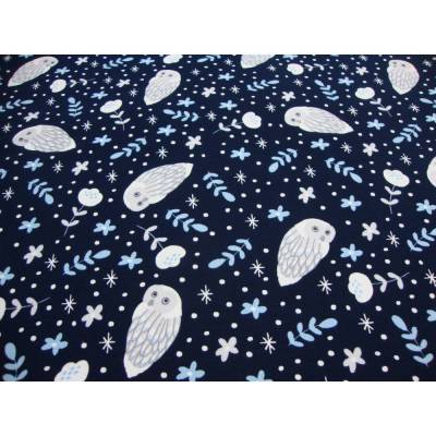 Baumwoll-Jersey Schneeeulen auf Dunkelblau – Meterware, 1,50m breit, elastisch, ideal für Kleidung & DIY