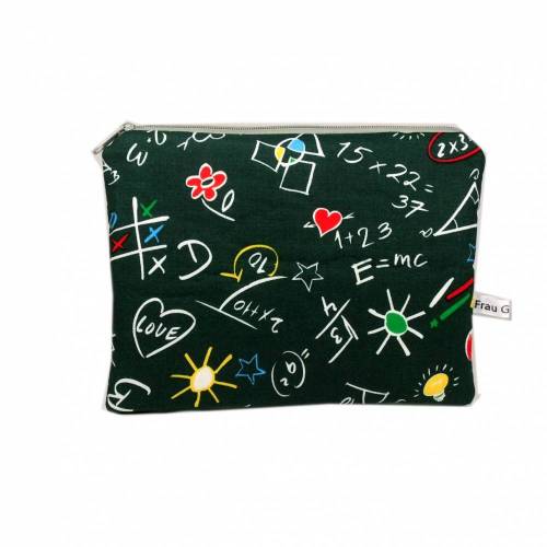 Mäppchen Täschchen grün grau Schultafel Punkte Zahlen Schule handmade Kosmetik