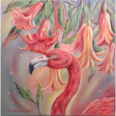 FLAMINGO PARADIES - Acrylbild auf Leinwand - Kunst Bild Handgemalt Acryl 50cm x 50cm