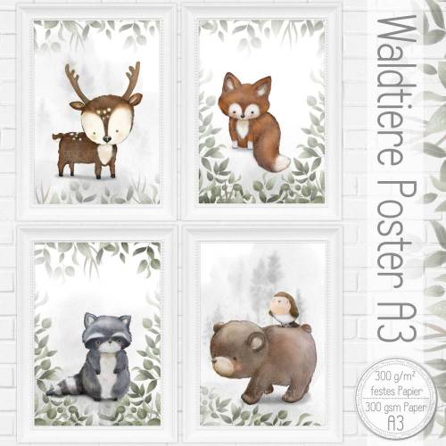 A3 Kinderzimmer Babyzimmer Bilder Set - Poster Waldtiere Baby Wald Tiere /45-A3