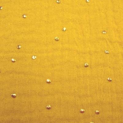 Musselin Double Gauze senfgelb/ocker mit goldenen Punkten – Baumwollstoff Meterware zum Nähen