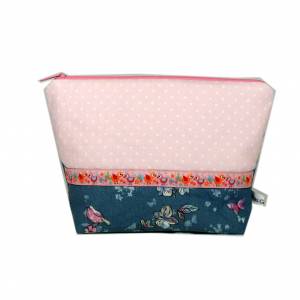Kosmetiktasche Tasche rosa grau Blume weiß Vogel Punkte Etui Kosmetik Geschenk Geburtstag