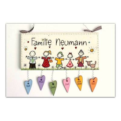 ausgefallenes Geschenk für Familien, Türschild Holz mit Namen und Figuren personalisiert, individuelles Familiengeschenk Holzschild handgemalt, dekorativ & wetterfest