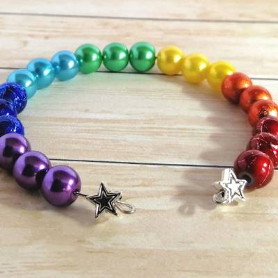 Spangenarmband, Regenbogen, Sterne, Spiralarmband, rot, orange, gelb, grün, hellblau, dunkelblau, lila, Perlenarmband