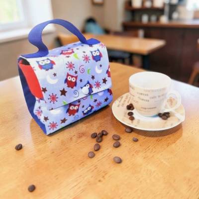 Kaffee-Tassen-Tasche, Geschenktasche, Gebäcktasche mit Eulen Motiv
