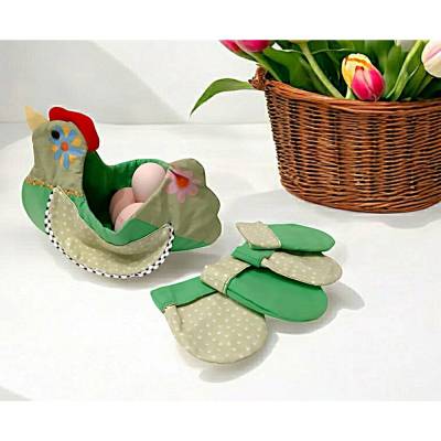 Osterkorb Huhn mit Eierwärmer– Grüner Stoffkorb in Hühnerform