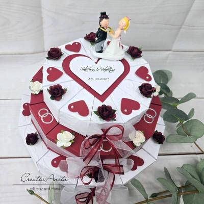 Hochzeitstorte Geldgeschenk 3-stöckig BORDEAUX-WEISS