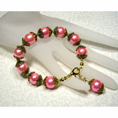 Glasperlenarmband rosa, Perlkappen goldfarben