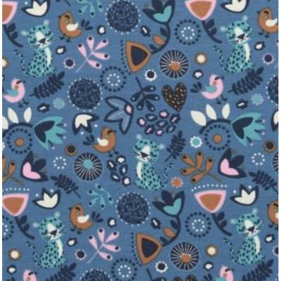 Baumwolljersey Sleeping Panther mit Blumen & Vögelchen Blau – Meterware für Kinder & Baby nähen