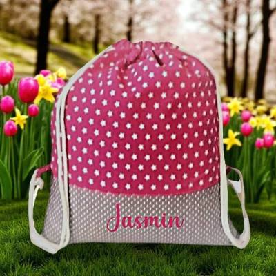 Turnbeutel, Rucksack pink mit Sterne, personalisierbar
