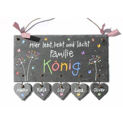 Personalisiertes Türschild aus Schiefer mit Pusteblume – Handgefertigtes Familienschild mit Name & Herzanhängern