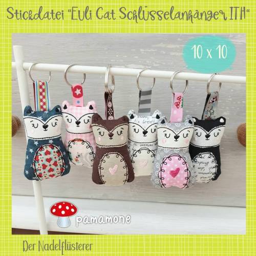 Digitale Stickdatei Euli Cat Schlüsselanhänger ITH 10x10 cm (4x4") Stickrahmen
