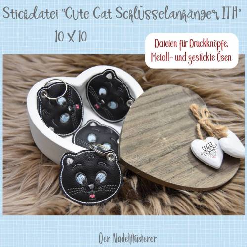 Digitale Stickserie Cute Cat Schlüsselanhänger ITH für den 10x10 cm (4x4") Stickrahmen
