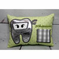 Kissen Zahnfee Ninja Zahn grün silber 16 cm x 11 cm x 4 cm, personalisierbar mit Namen