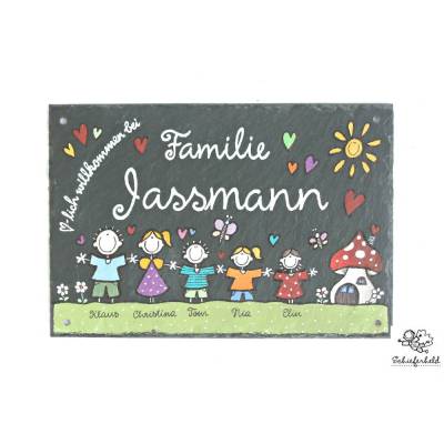 Personalisiertes Schieferschild Familie – Buntes Willkommensschild mit Name für die Haustür, wetterfest & handgefertigt