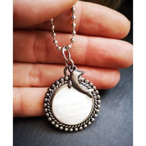 Kette im Vintage-Stil, Perlmutt, Delfin, maritim, Halskette, Damenkette, 719