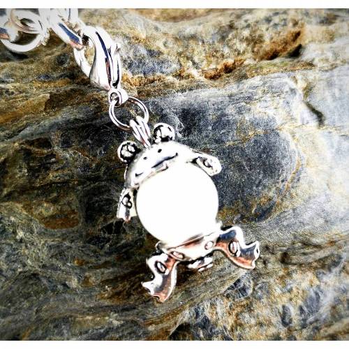  Anhänger, Charm, Frosch, Cateykugel, Glaskugel, silber, weiss, Armband, Kette,  