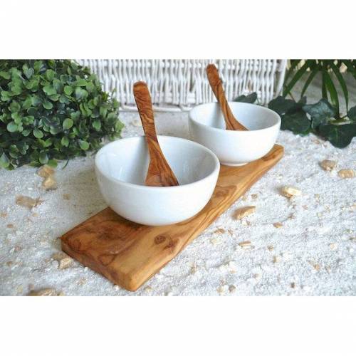 Dipschalen-2er-Set Porzellan KLASSIK (8,5 cm) auf Olivenholzfuß inkl. 2 Löffel