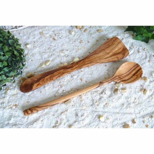 Küchen-2er Set (Kochlöffel rund & Pfannenwender ohne Löcher) aus Olivenholz