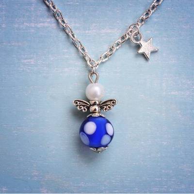 Schutzengel Kette blau mit weißen Punkten