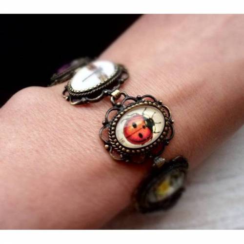 Armband im Vintage-Stil, bronzefarben, Cabochons, Bettelarmband,  Schmetterling, 4