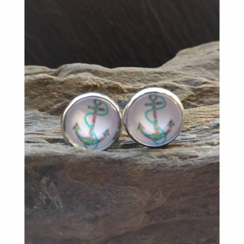 Ohrringe, Ohrstecker, Ohrschmuck, maritim, Seefahrt, Schiff, Anker, Edelstahl, Cabochon, 1 Paar,