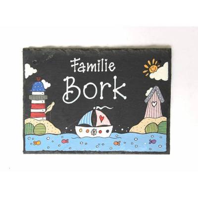 Türschild personalisiert Namensschild Schiefer maritim, Unikat, Schieferschild handbemalt, Familientürschild wetterfest, Haustürschild individuell, Eingangsschild