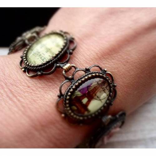 Armband im Vintage-Stil, bronzefarben, Cabochons, Bettelarmband, Musik, Noten, Paris, Eiffelturm. Schmetterling, 1