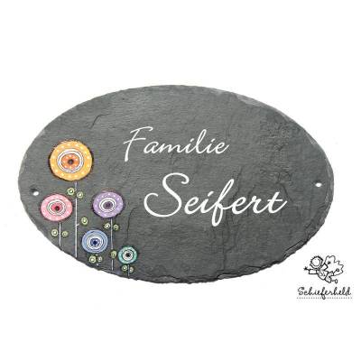 Ovales Haustürschild Familie personalisiert – Schieferschild mit Namen & Blumen – Exklusives Familienschild wetterfest