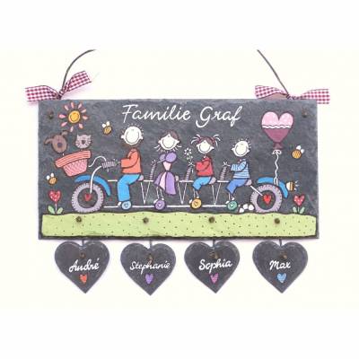 Personalisiertes Türschild aus Schiefer – Familienschild mit Fahrrad, Namen & Figuren – Individuelles Geschenk zum Geburtstag