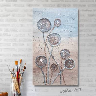 Acrylbild auf Leinwand, mit 3D Effekt, blumiges Design in zartem Blau und Braun, Wandkunst, Wohnraumdekoration,