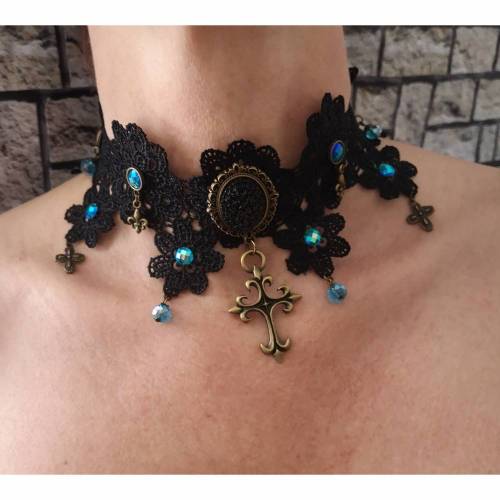 Kette ,Colliere, Kropfband im Vintage-Stil, Gothik, schwarz, Spitze, Choker
