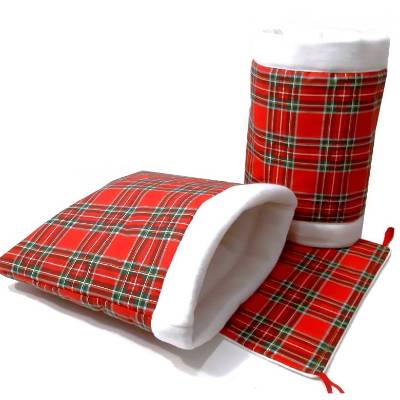 Kuschelrolle, Kuschelsack & Hängematte im Schottenmuster für Meerschweinchen – Weiche Kuschelsachen aus Baumwolle & Fleece