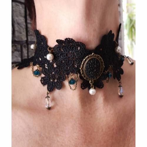 Kette ,Colliere, Kropfband im Vintage-Stil, Gothik, schwarz, Spitze, Choker