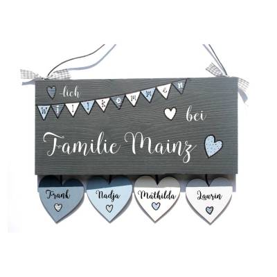 dekoratives Haustürschild für Familien mit Name personalisiert, Türschild Holz mit Wimpelkette, Willkommensschild für die Haustür, exklusives Holzschild mit Anhänger, individuelles Familiengeschenk