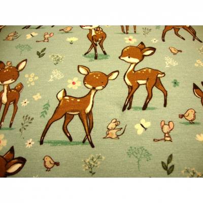 French Terry Sweat Bambi Rehkitz Spielwiese–mintgrau bunt, elastisch, 150cm breit,Baumwollstoffe Kinder nähen Meterware 