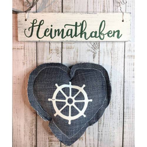 Türschild handbemalt "Heimathafen", mit Herzanhänger, Holzschild, Schriftzug, Upcycling, Steuerrad, Eingang, Haus, Maritim, Einweihung, Deko