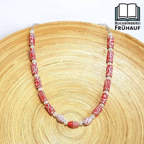 Papierperlenkette Kette mit Papierperlen weiß rot 45 cm Länge