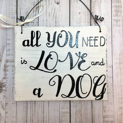 Türschild, handbemalt, "Love and Dog", Wanddeko, Liebe, Hund, Hundeliebhaber, Geschenk, Spruchschild, Botschaft auf Holz, Spruch, Freunde