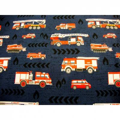 Baumwolljersey Feuerwehr & Co auf Marine – Ökotex 100 Meterware für Hoody und Mitwachshose nähen