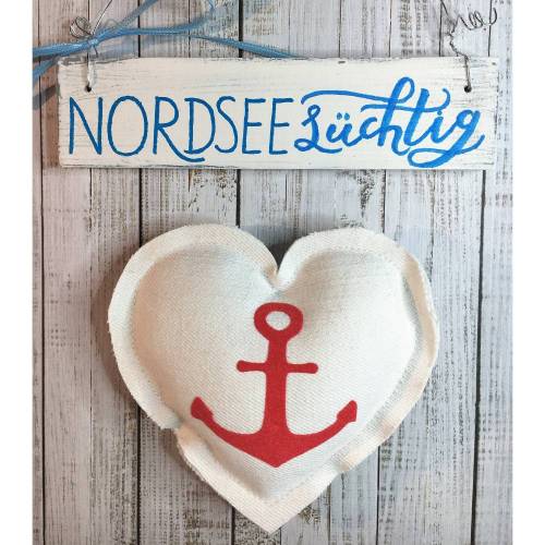 Türschild handbemalt "NORDSEEsüchtig", mit Herzanhänger, Holzschild, Schriftzug, Upcycling, Anker, Urlaub, Strand, Meer, Geschenk, Wanddeko