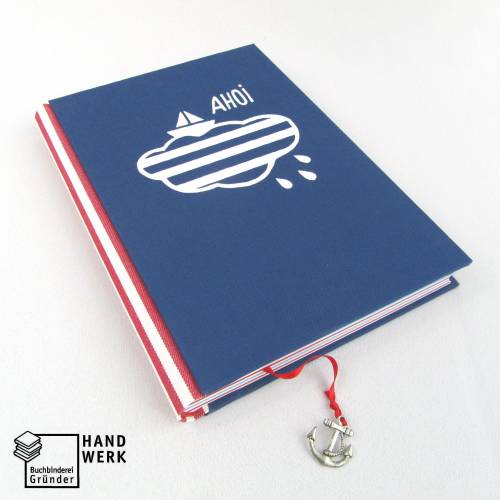 Notizbuch, Logbuch, Ahoi, Siebdruck, DIN A5, maritim, blau, rot, weiß, Anker, Schiff