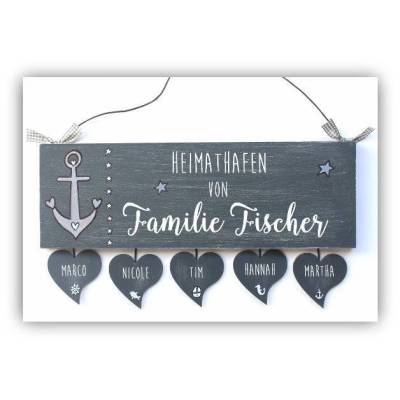 Maritimes Türschild Heimathafen aus Holz – Personalisiertes Namensschild mit Anker & Herzanhänger, handgemacht, wetterfest & individuell, Haustürschild Familie für den Eingang